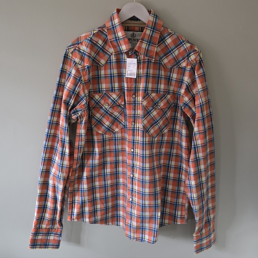 NWT Campus Crew M Deadstock Vintage Y2K Western Madras Plaid Pearl Snap Shirt - Picture 2 of 15